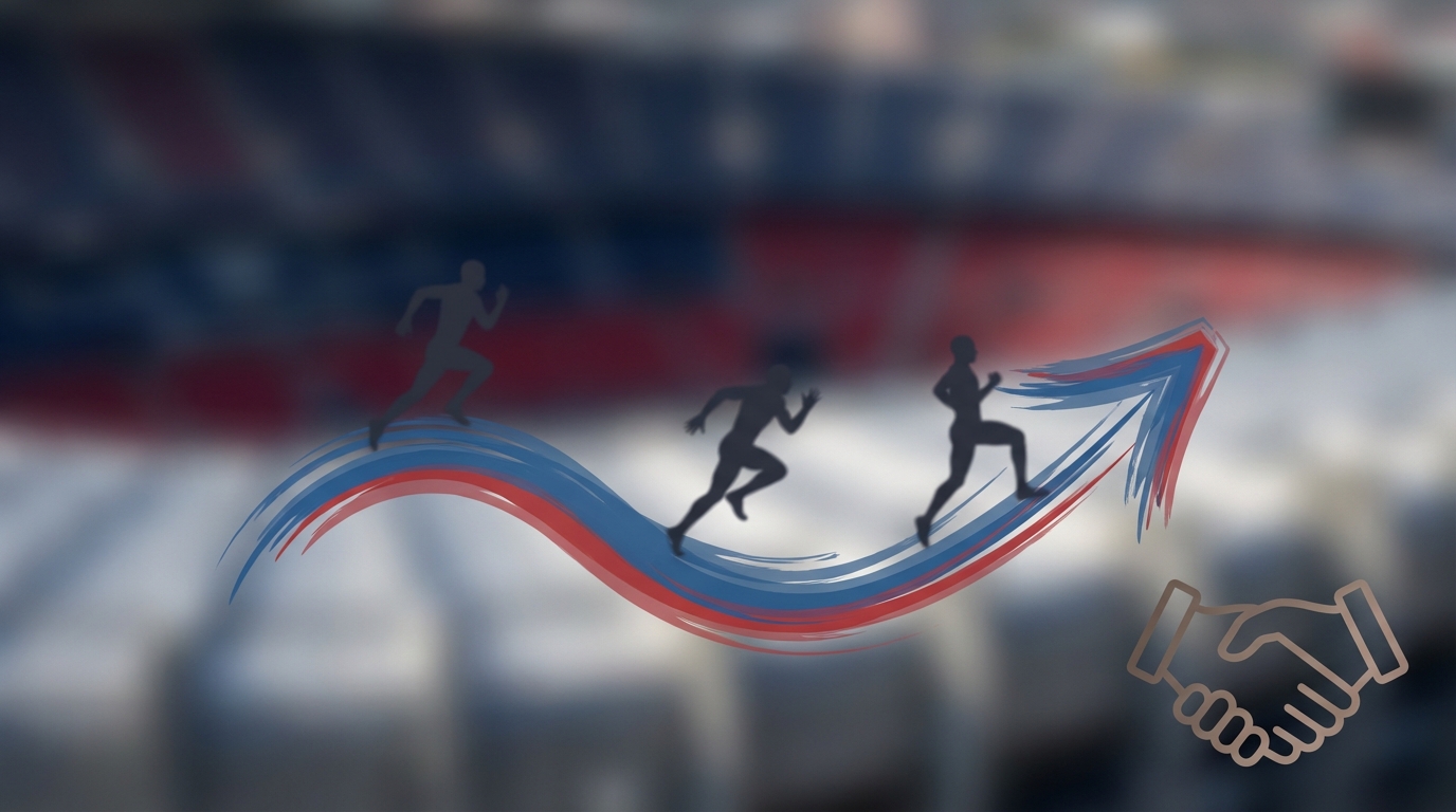 Abstract Patriots trade buzz visual with silhouetted receivers, directional arrows, and handshake symbol