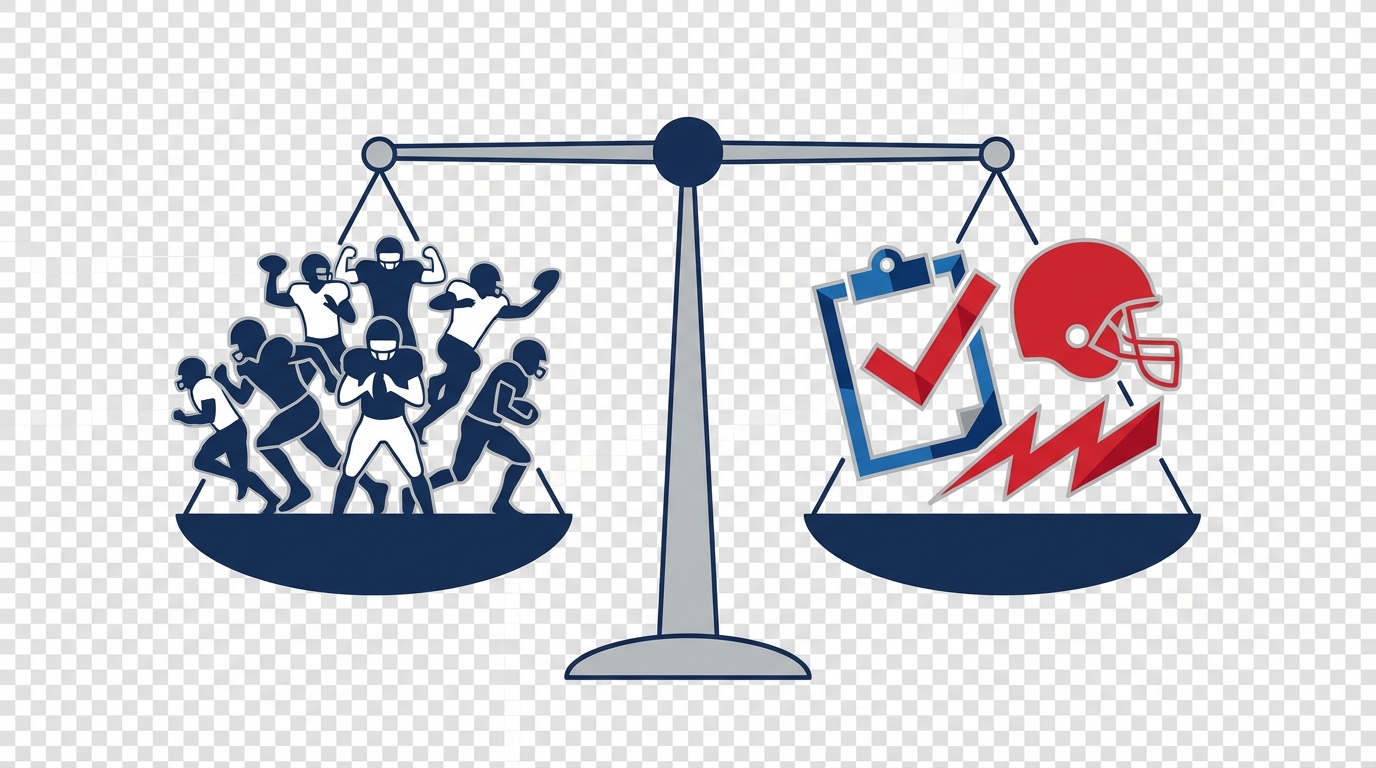Balanced scale with player silhouettes on one pan and team-need icons on the other