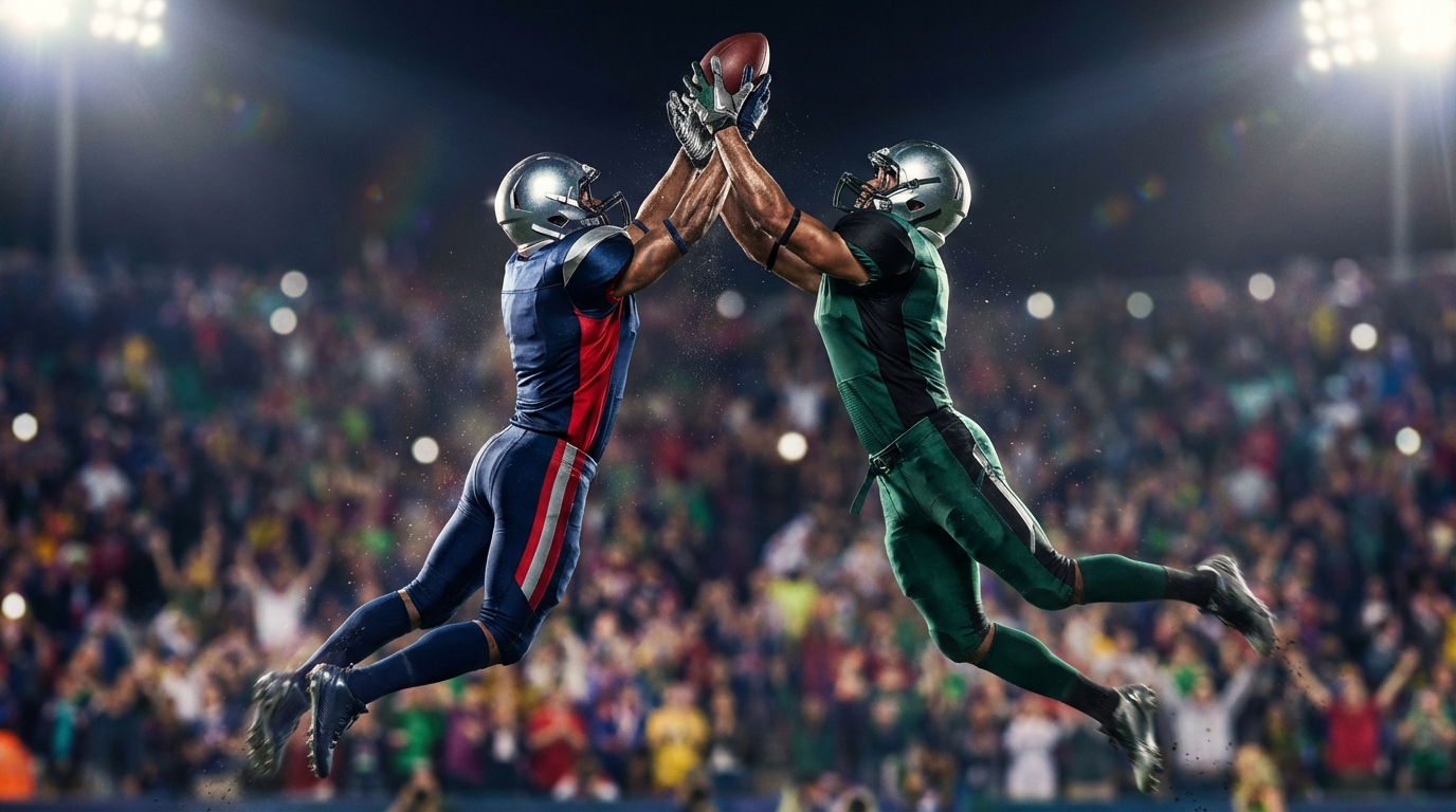 Two competing wide receivers reaching for a football