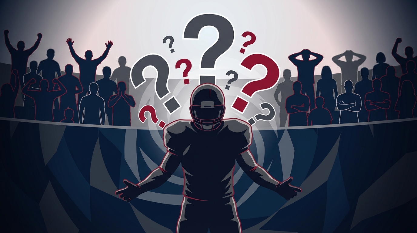 Fans silhouetted in a stadium with mixed reactions and a shadowed football player surrounded by question marks