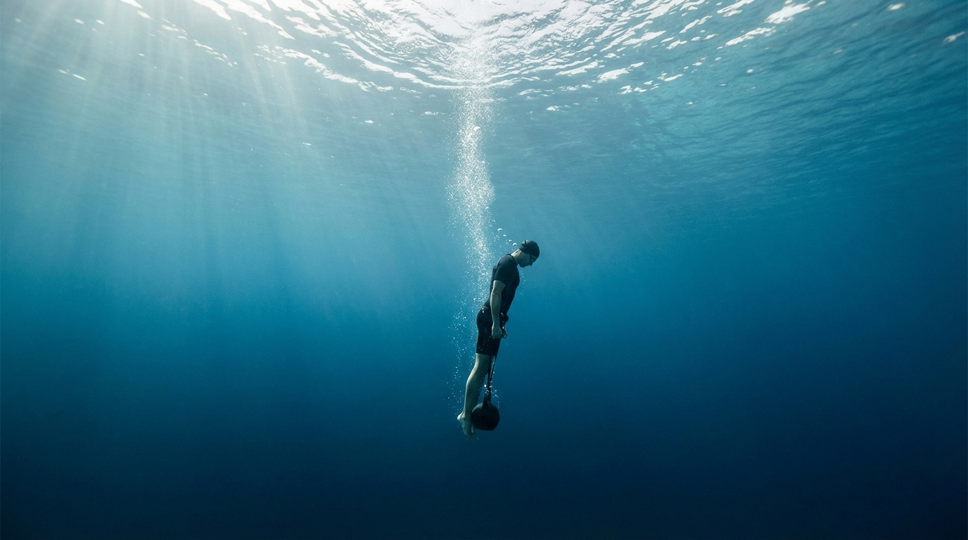 Athlete descending vertically into clear blue pool water while holding a heavy weight between their legs; thin column of bubbles rises toward the sunlit surface.