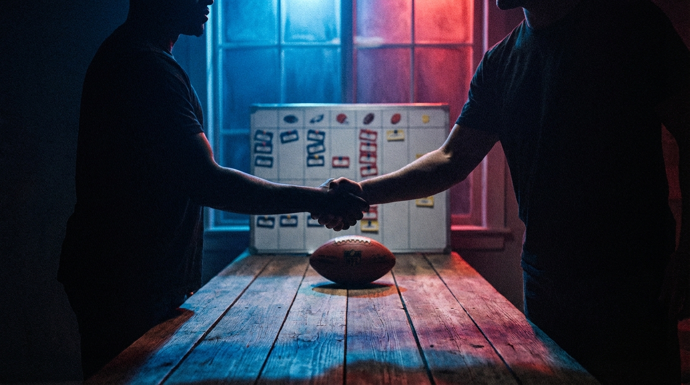 Silhouetted handshake over a draft table with a football and draft board