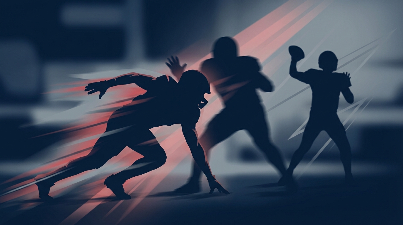 Patriots edge rusher silhouette exploding off the line toward an offensive tackle and a quarterback in the pocket, motion lines conveying pass rush intensity and forward momentum