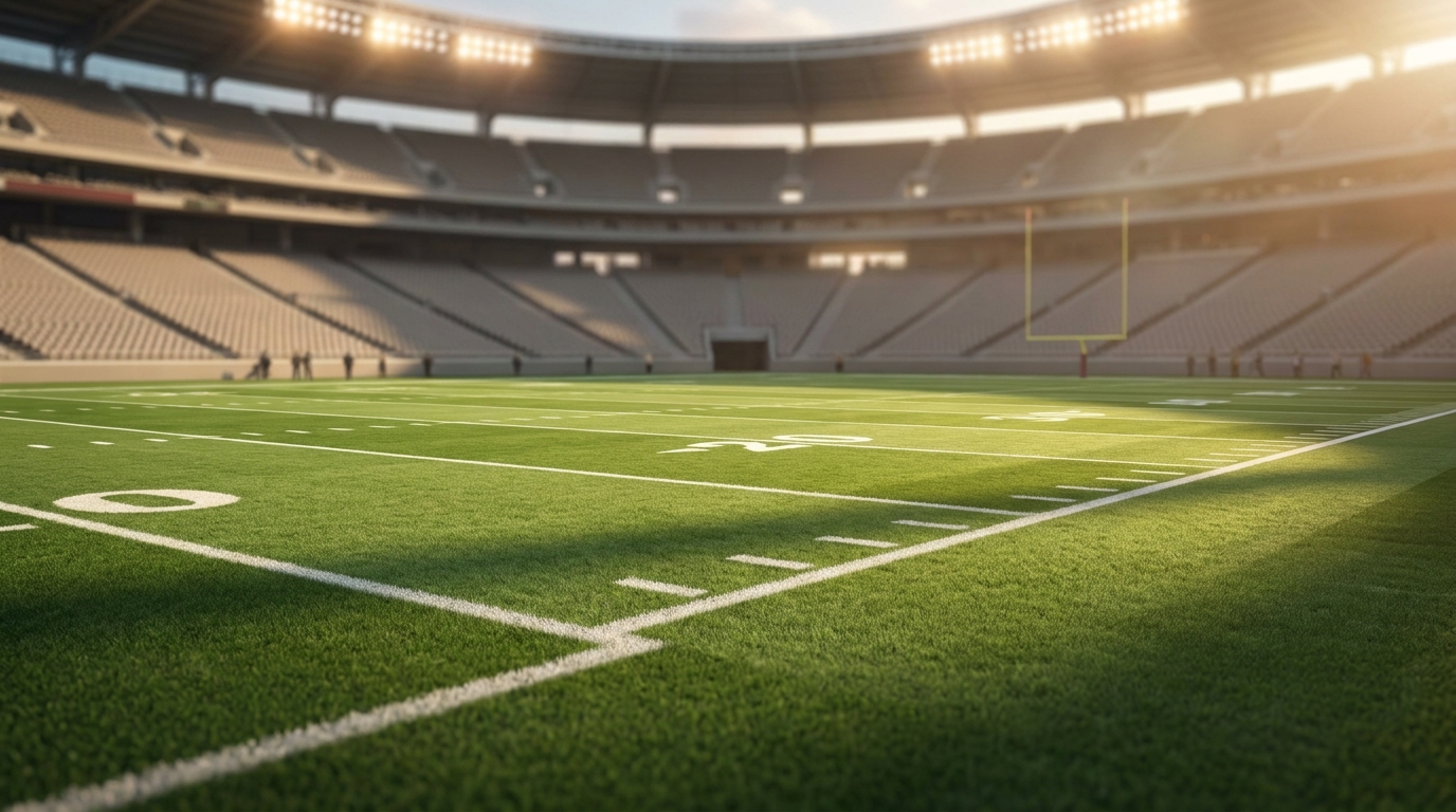Empty football stadium at golden hour with crisp yard lines and soft stadium lights