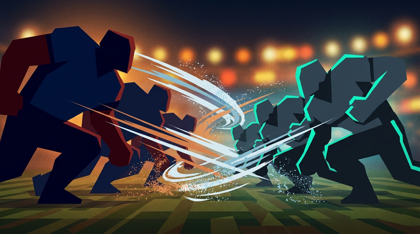 Abstract depiction of offensive and defensive linemen clashing on textured turf in contrasting navy-red and slate-teal palettes
