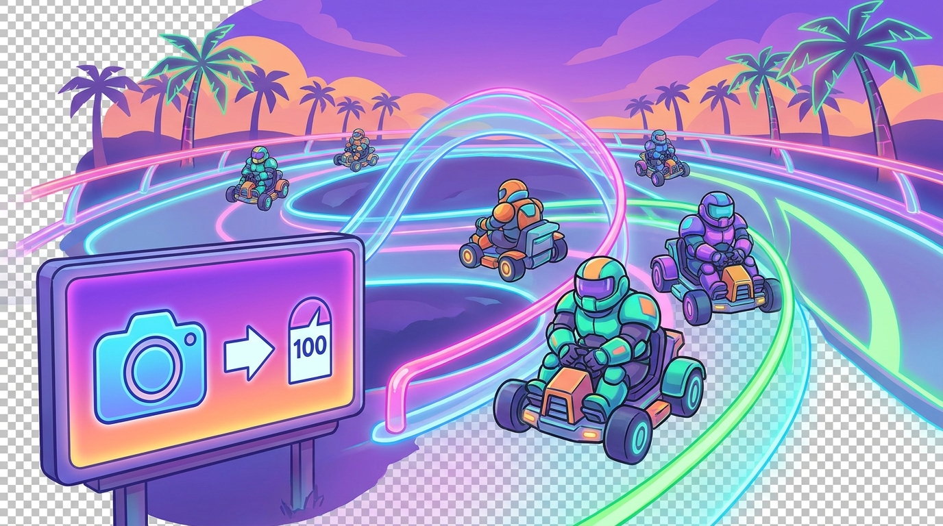 Spartan soldiers racing in karts on a neon track