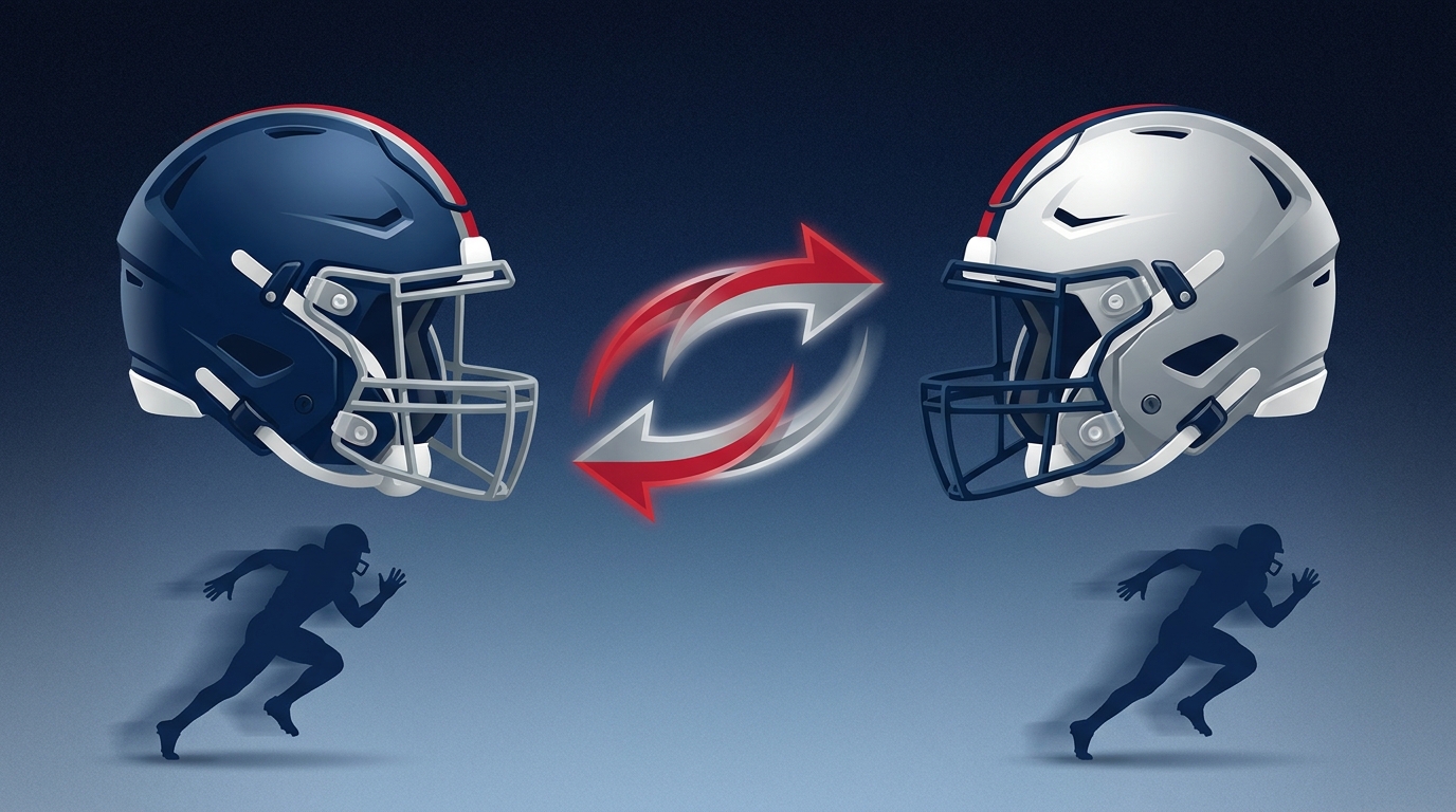 Symbolic illustration of NFL trade rumors showing two football helmets, curved arrows indicating movement, and two silhouetted wide receivers in mid-stride