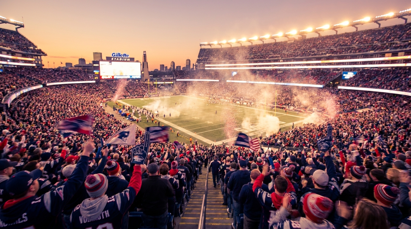 Packed Gillette Stadium at night with cheering fans and stadium lights