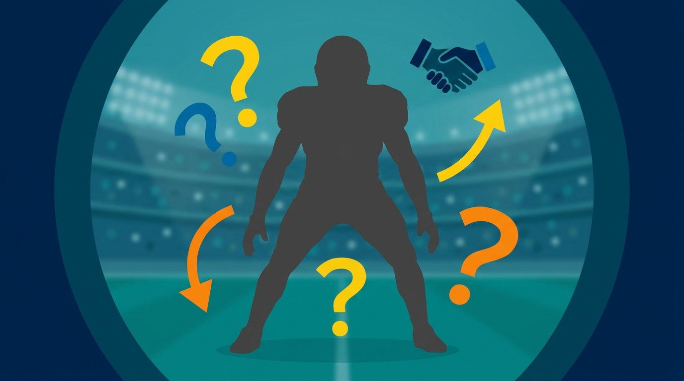 Silhouette of a football player surrounded by question marks and arrows representing trade speculation