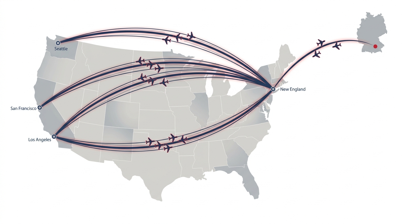 Stylized map of Patriots travel paths showing multiple arcs from New England to West Coast cities and a long transatlantic arc to Munich