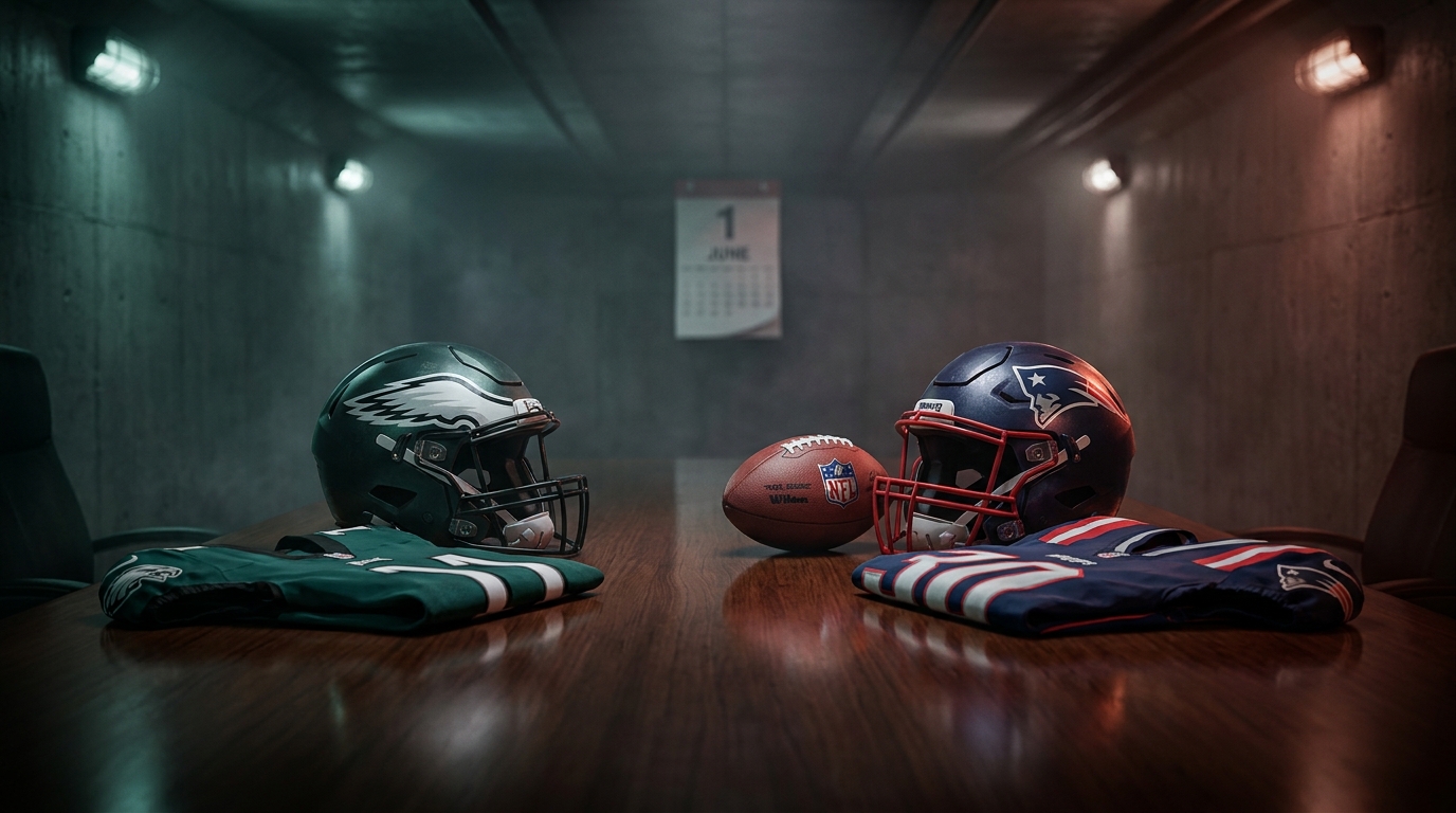 A dimly lit conference table with two helmets and folded jerseys in Philadelphia Eagles and New England Patriots colors, an official football centered between them, and a blurred calendar page showing June 1