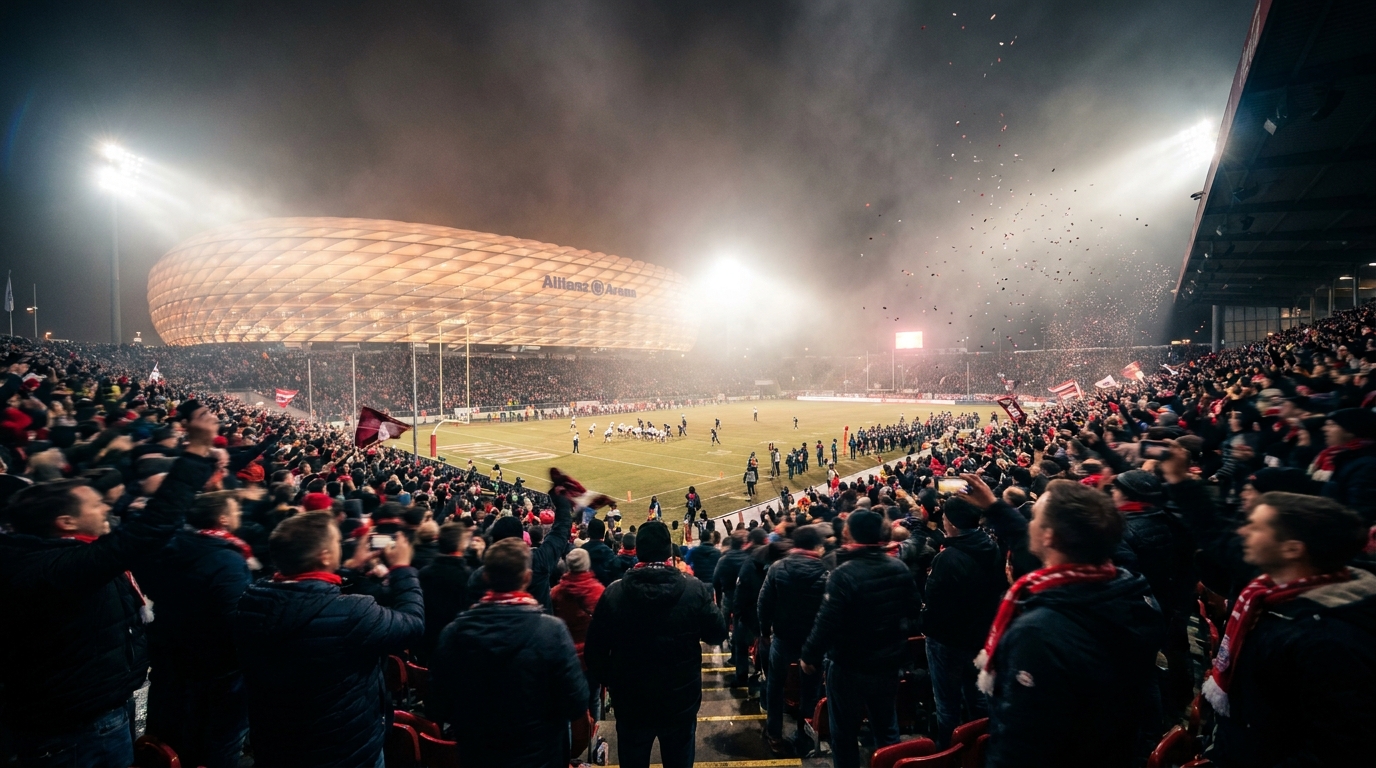 Nighttime Allianz Arena-style stadium charged with primetime game energy; floodlights, packed crowd and player silhouettes on the field