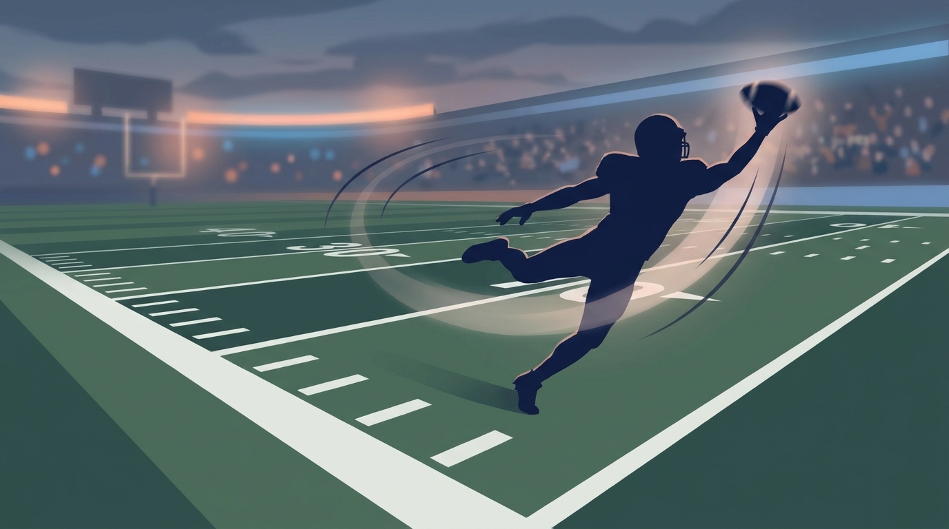Silhouette of a football player leaping for a one-handed catch on a stylized field
