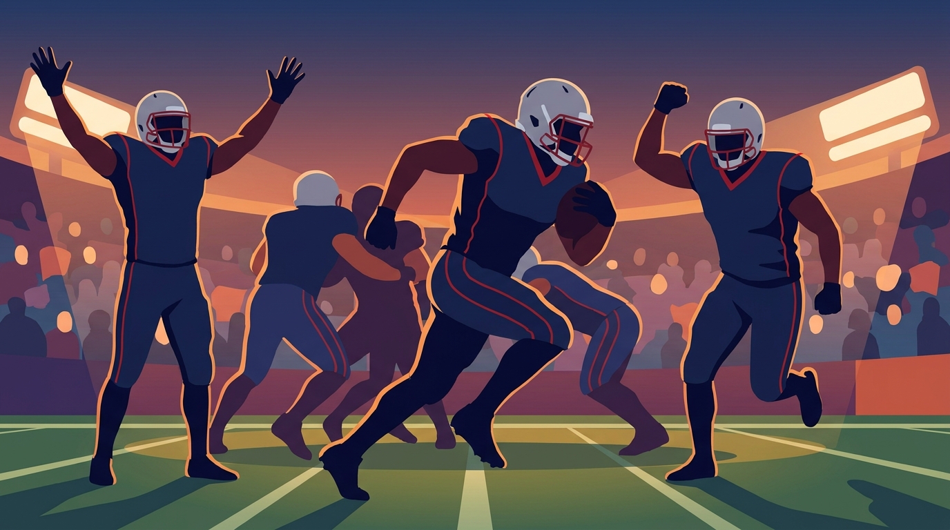 Illustration of three generic Patriots-inspired football players celebrating a breakout play