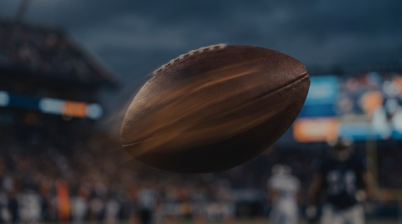 Football in motion with blurred stadium and silhouettes conveying trade rumors and uncertainty