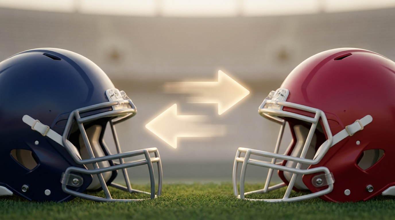 Two helmets facing each other with exchange arrows