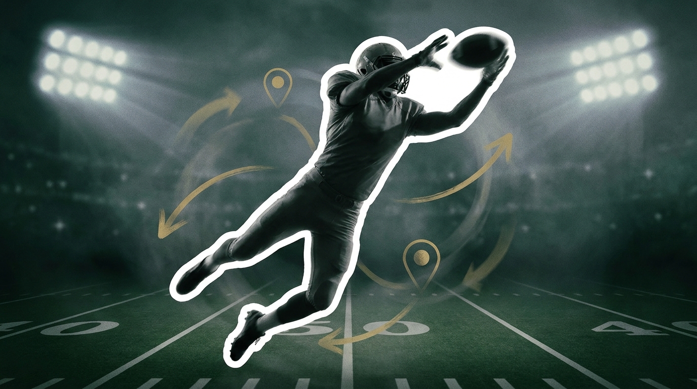 Silhouette of a wide receiver leaping amid arrows and location pins