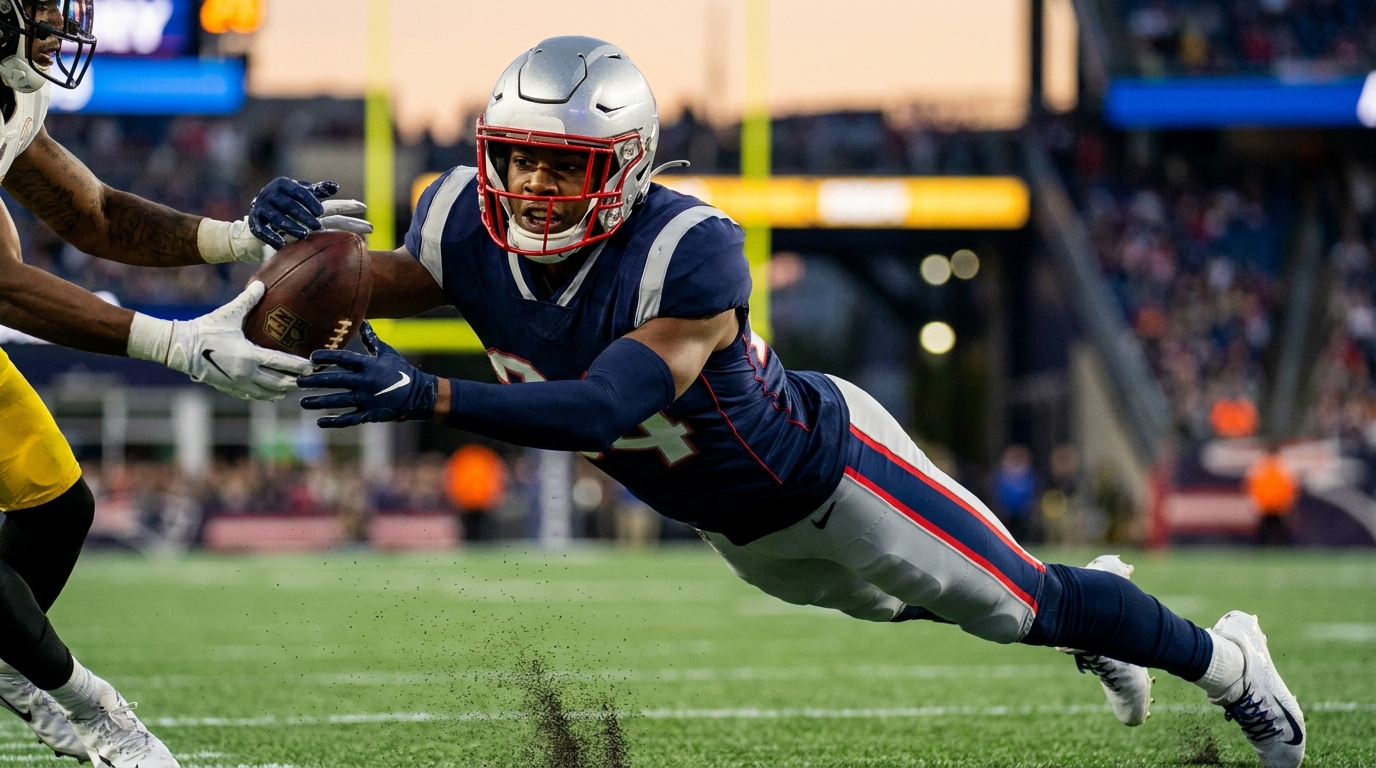 Young defensive back diving to break up a pass in New England-inspired navy, silver, and red uniform
