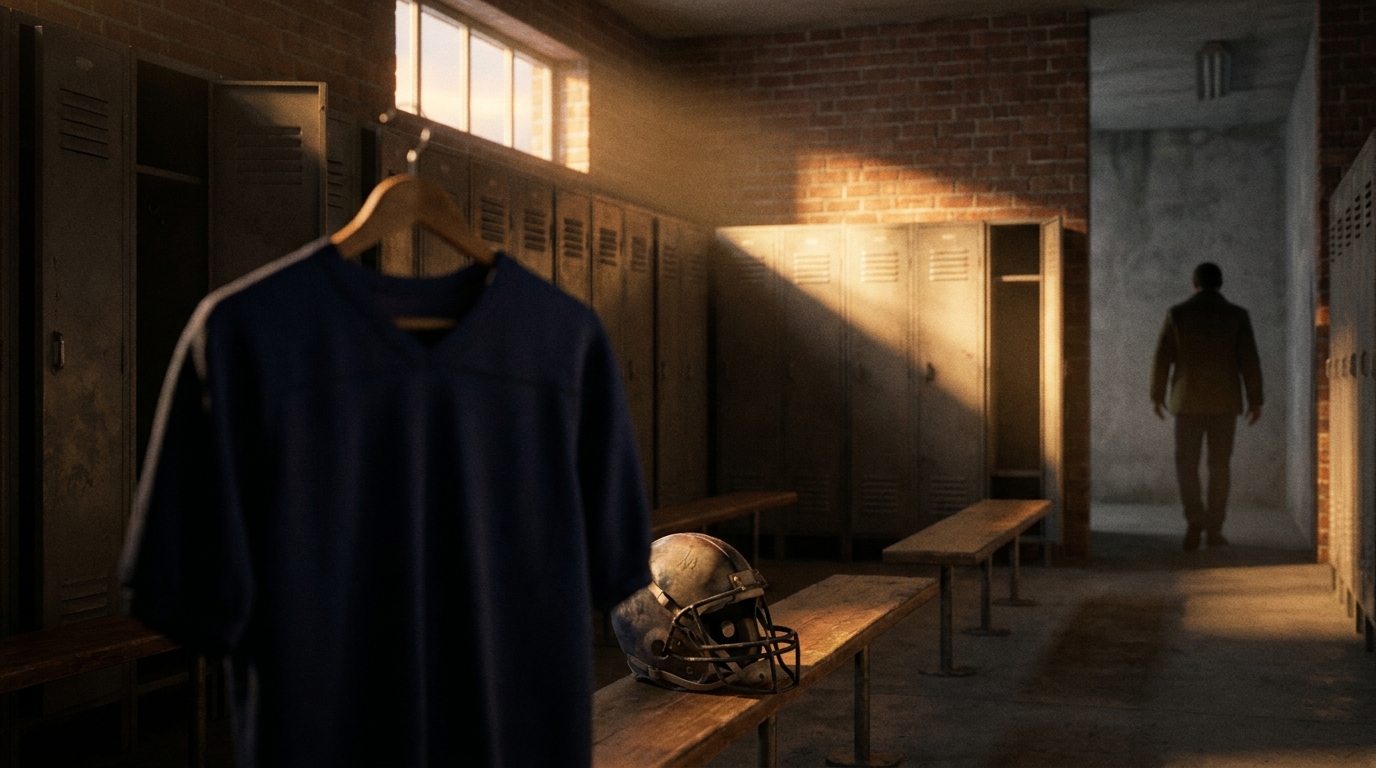 Locker room with jersey and helmet, lone silhouette, golden light