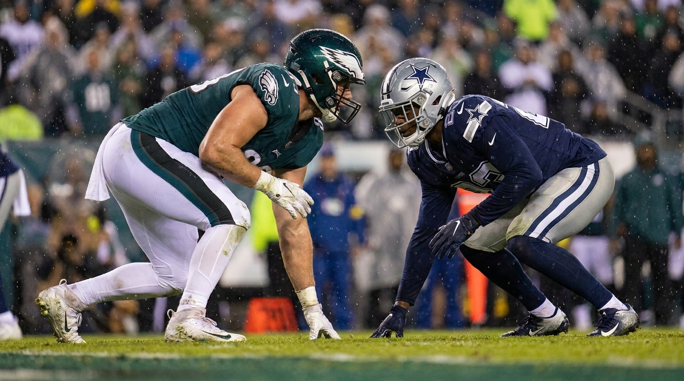 Tight end and defender lined up at the line of scrimmage, dramatic stadium lighting, light rain, contrasting green and navy palettes