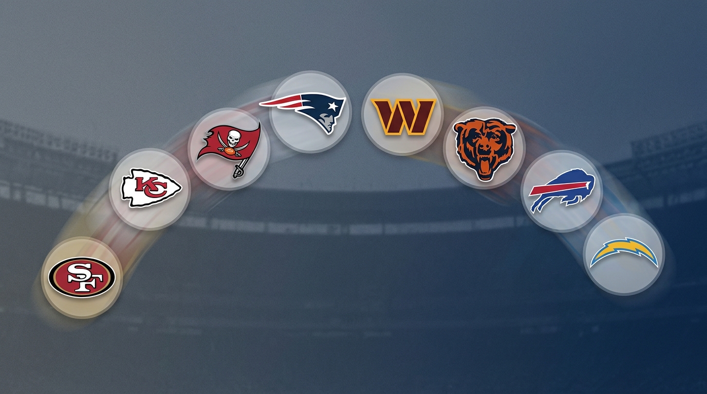 Image showing stylized NFL team badges arranged in an arc representing free agency movement