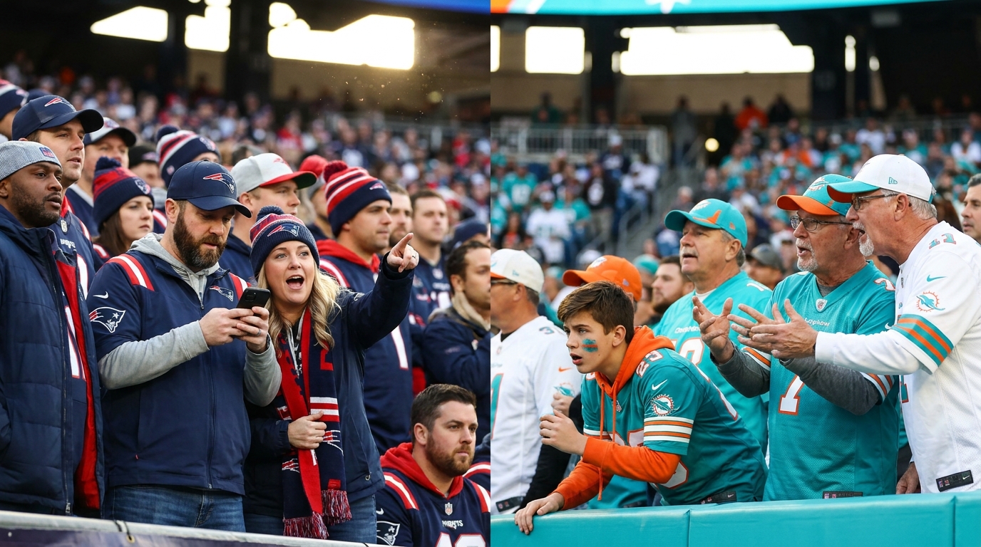 stadium crowd split down the middle with Patriots colors on the left and Dolphins colors on the right, faces showing hope, anxiety, rivalry, and anticipation.