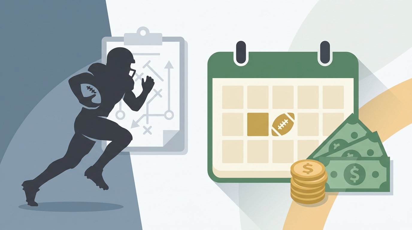 Illustration of a football player silhouette beside a calendar and coins symbolizing roster planning and contract strategy