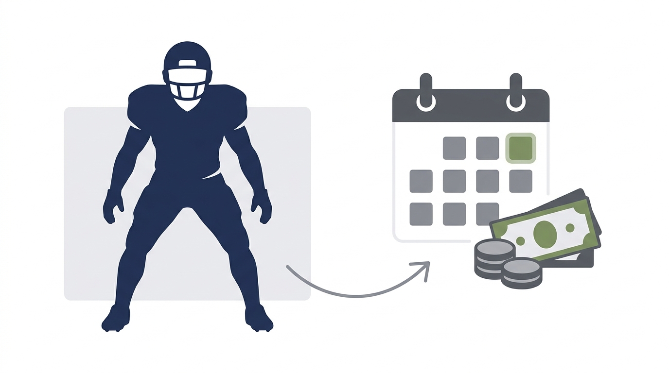Minimal flat illustration showing a football player silhouette next to a calendar with a highlighted date and a small stack of coins and dollar bills