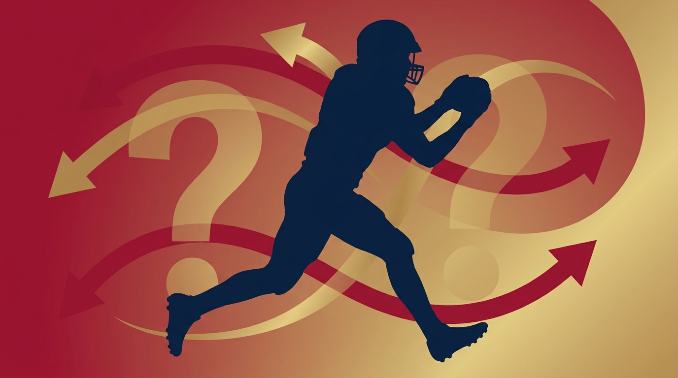 Silhouette of a football player with arrows and question marks suggesting trade movement
