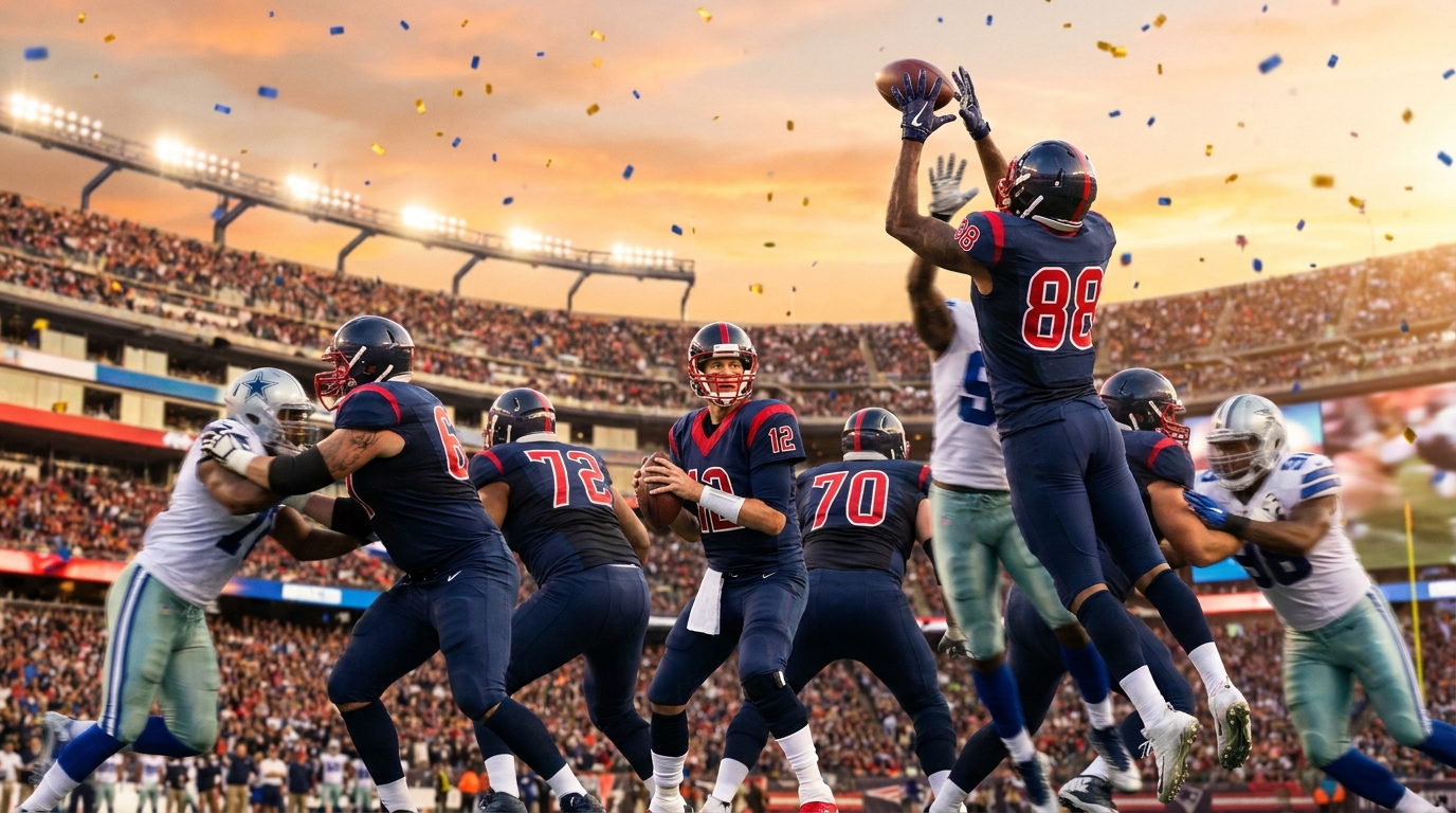 Quarterback and receiver leaping for a contested catch at dusk, stadium lights glowing and defenders blurred