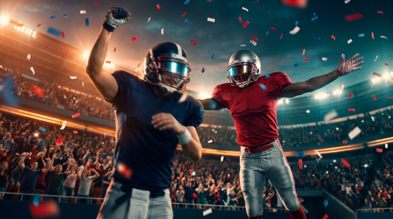Victorious moment: quarterback and receiver celebrating under falling confetti, stadium lights glowing in navy red and silver