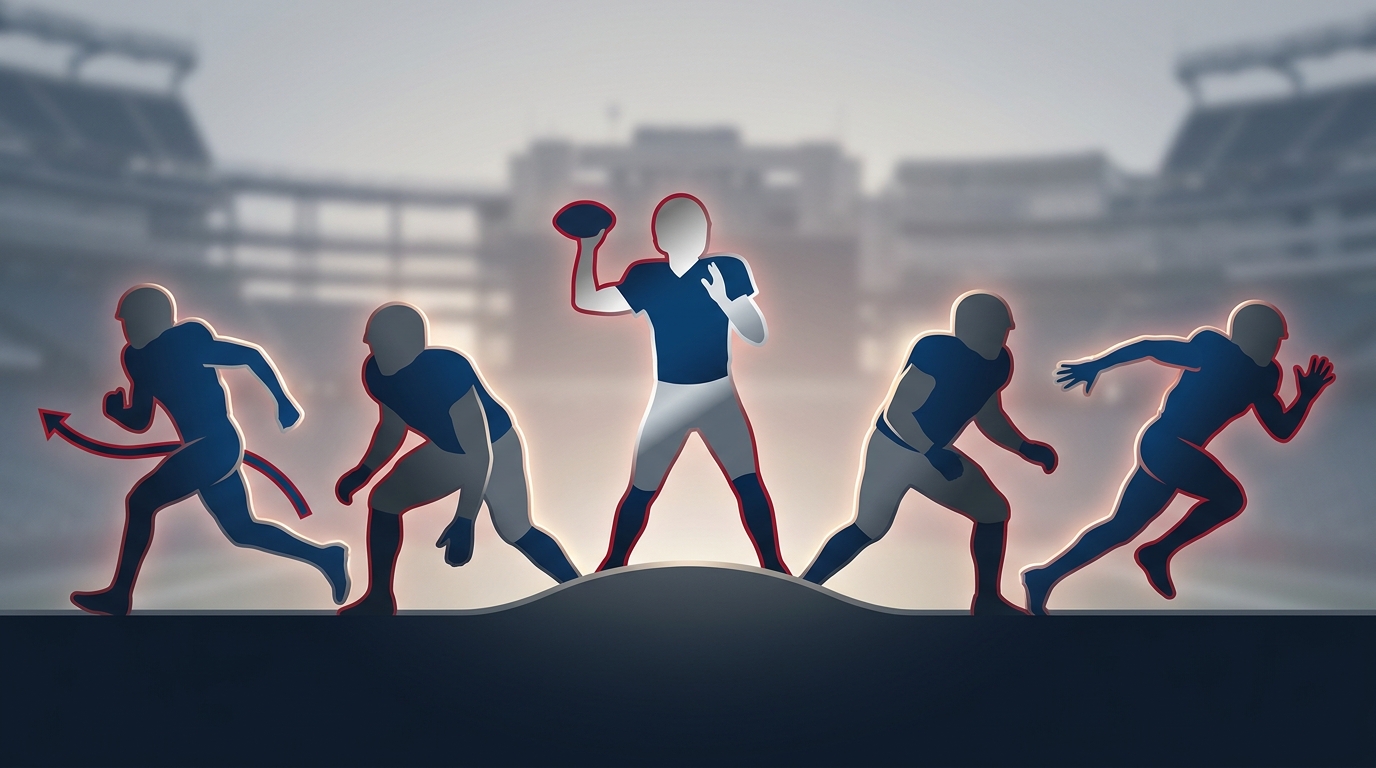 Stylized silhouettes of five Patriots players (Romeo Doubs, Drake Maye, Julian Hill, Reggie Gilliam, A.J. Brown)