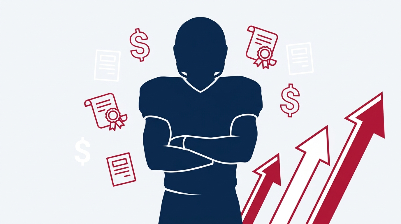 Football player silhouette with contract symbols and upward arrows