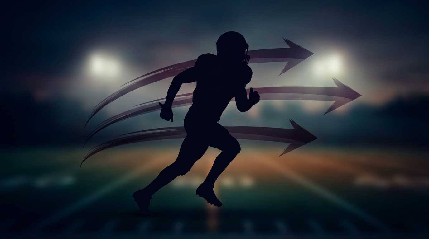 Silhouette of a football safety in motion with abstract arrows on a blurred stadium field