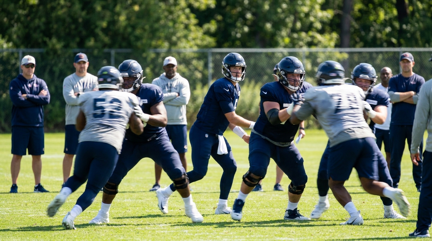 Patriots OTAs action: quarterback dropping back with offensive line forming protection during practice