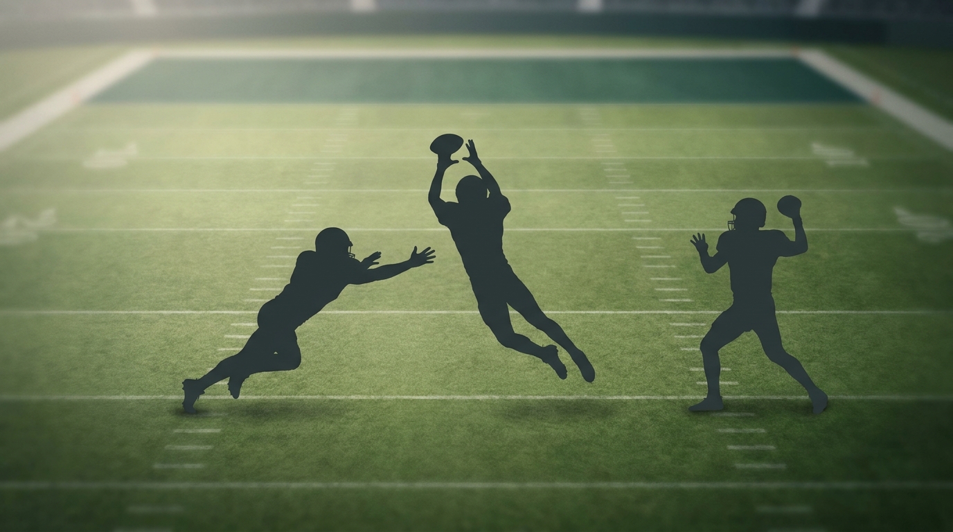 Aerial view of a football field with dark player silhouettes in action.