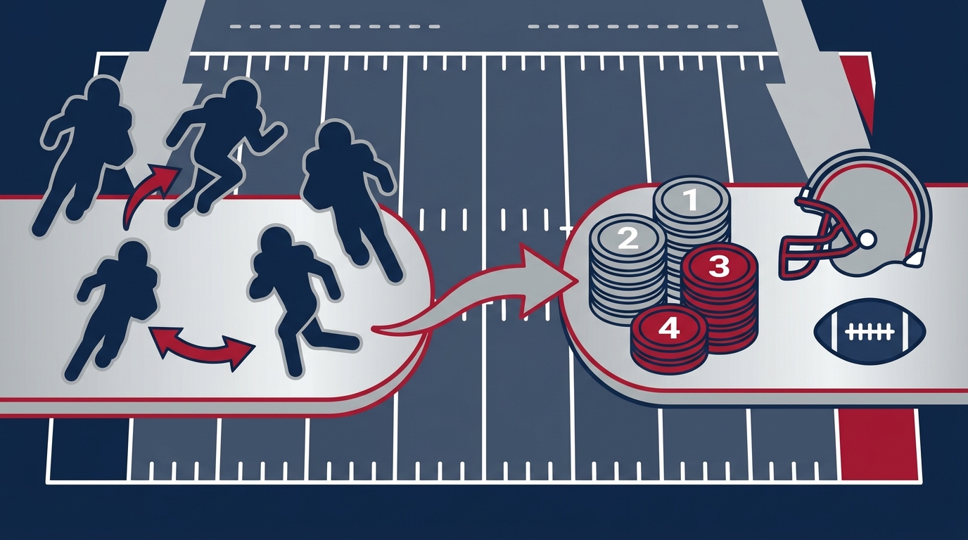Flat vector illustration of a football field with player silhouettes, trade flow arrows, draft pick tokens, and football icons