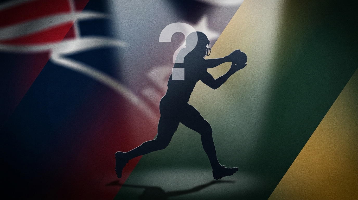 Silhouette of a wide receiver with a translucent question mark and split Patriots and opposing team colors