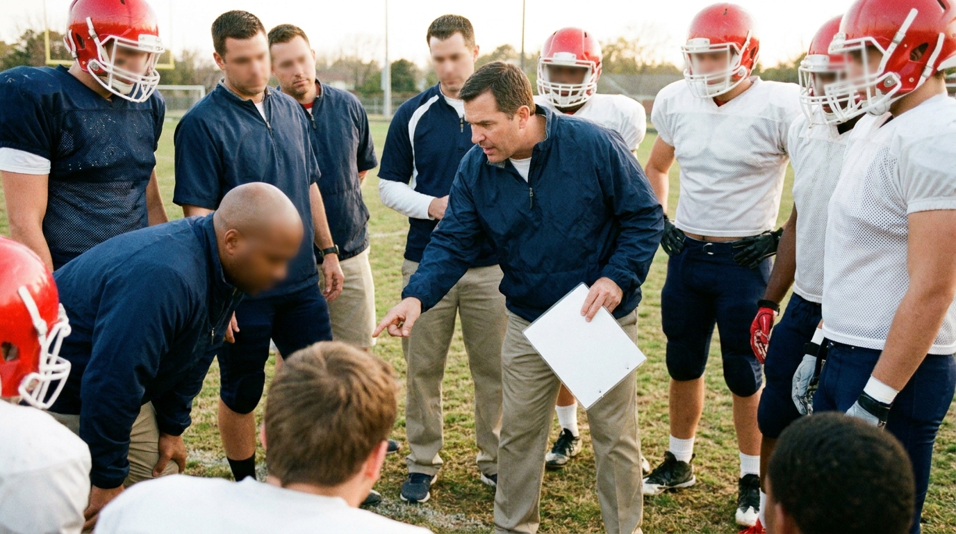Coaching staff huddle with players during practice