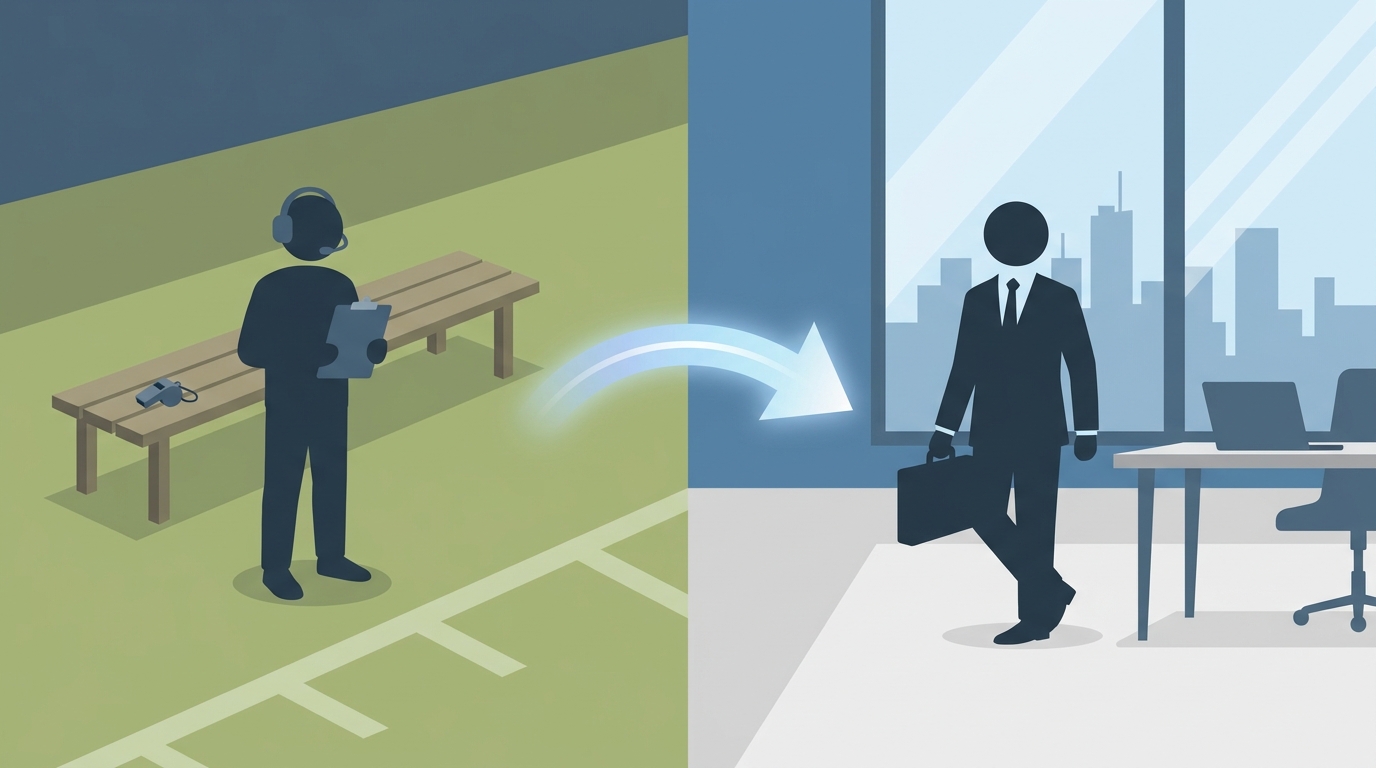 Split-scene vector showing a football coach silhouette on a sideline transitioning via a lighted pathway to a suited executive silhouette in an office.