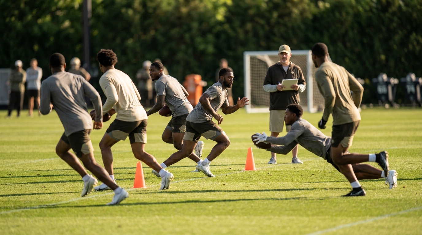 OTA practice players training and catching passes on a green field