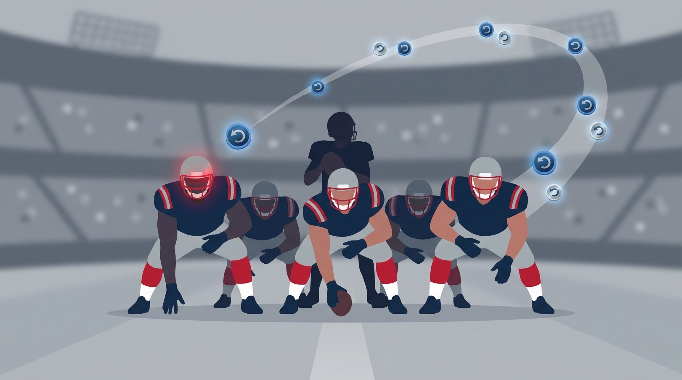Illustration of Patriots offensive line with rookie Caleb Lomu highlighted