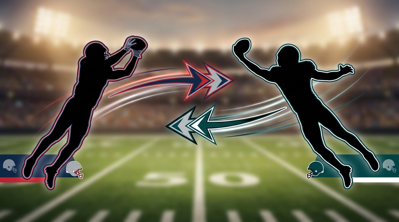Silhouettes of two wide receivers in catching poses with Patriots and Eagles color palettes, motion lines suggesting trade movement, stylized football field background