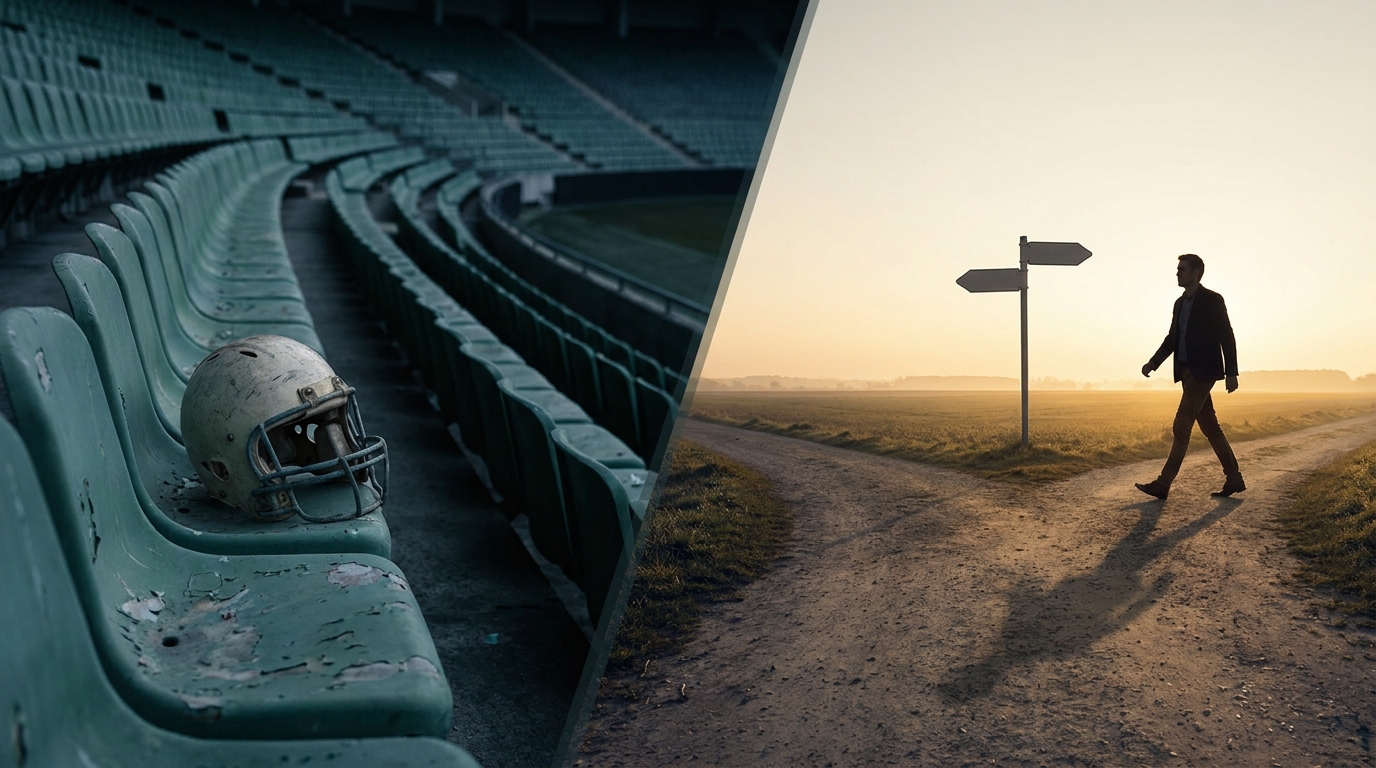 A diagonal composition: empty worn stadium seats and a lone helmet on the left, a sunlit crossroads with a solitary silhouetted figure stepping onto a new path on the right
