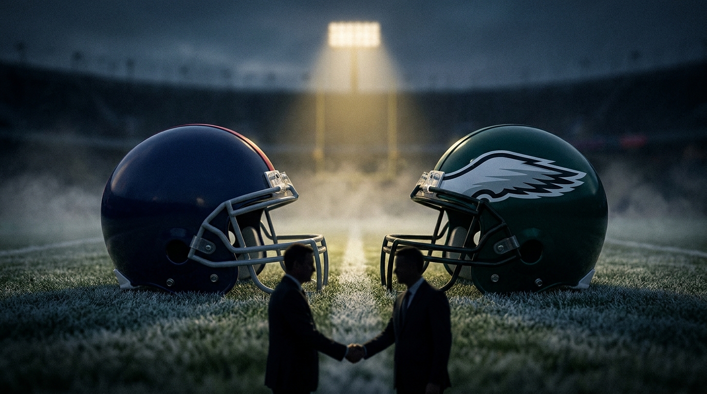 A dramatic, moody editorial photo showing two football helmets facing each other and two silhouetted figures in suits shaking hands on a foggy twilight field