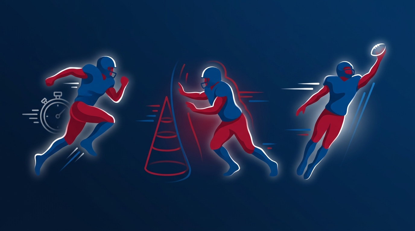 Silhouettes of football players in motion with athletic icons
