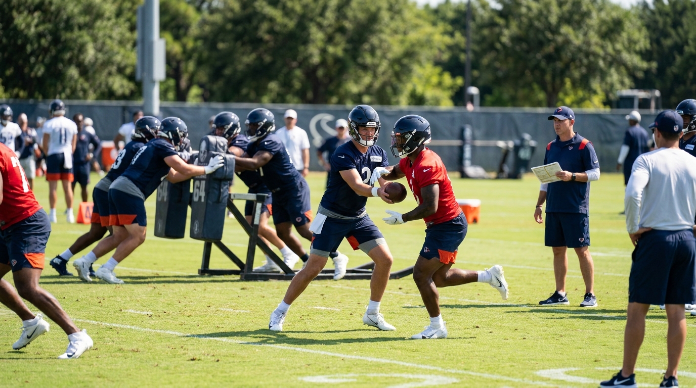 Patriots training camp players practicing drills on a sunny green field