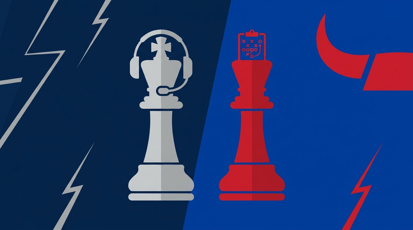 Diagonal split header with two minimalist chess-piece coaches facing each other
