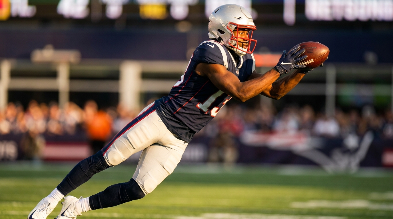 A wide receiver making a contested catch in Patriots-colored uniform, shallow depth of field, golden-hour lighting