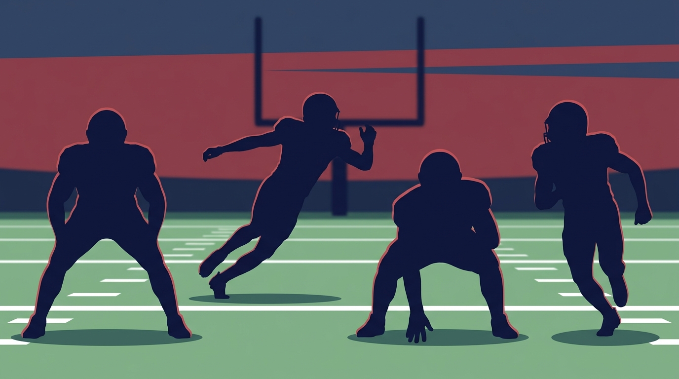 Silhouettes of Von Miller, Gabe Jacas, Dre'Mont Jones and a generic pass rusher on a football field